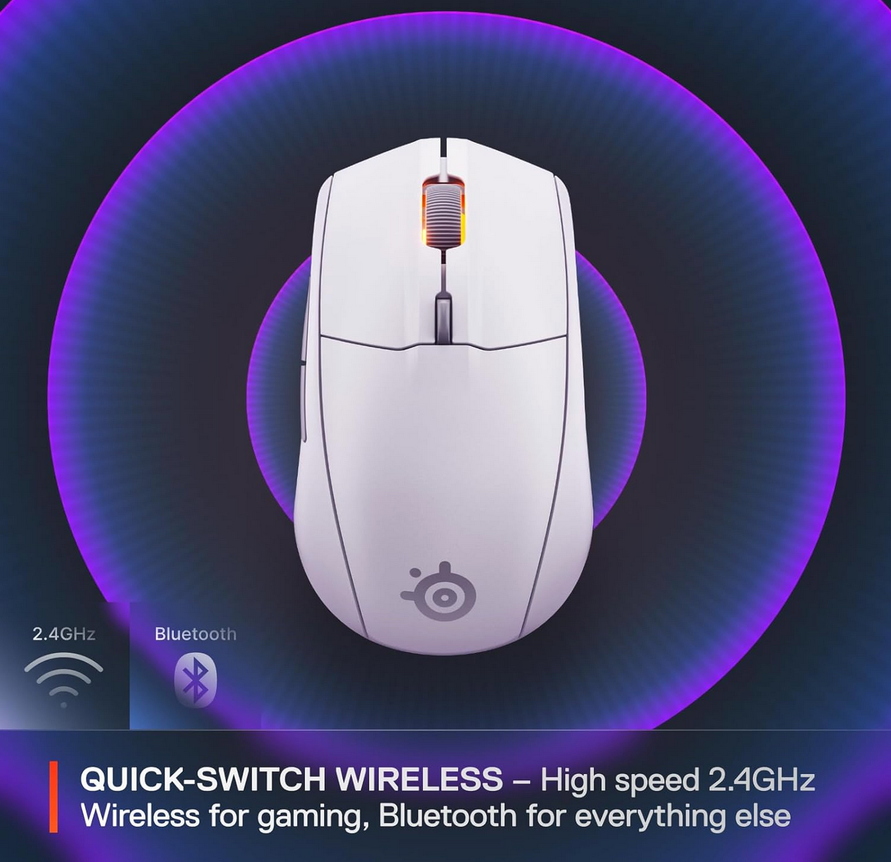 Close-up graphics highlighting SteelSeries Rival 3 Gen 2 features like 18000 DPI sensor, 60M clicks durability, and wireless dual-mode