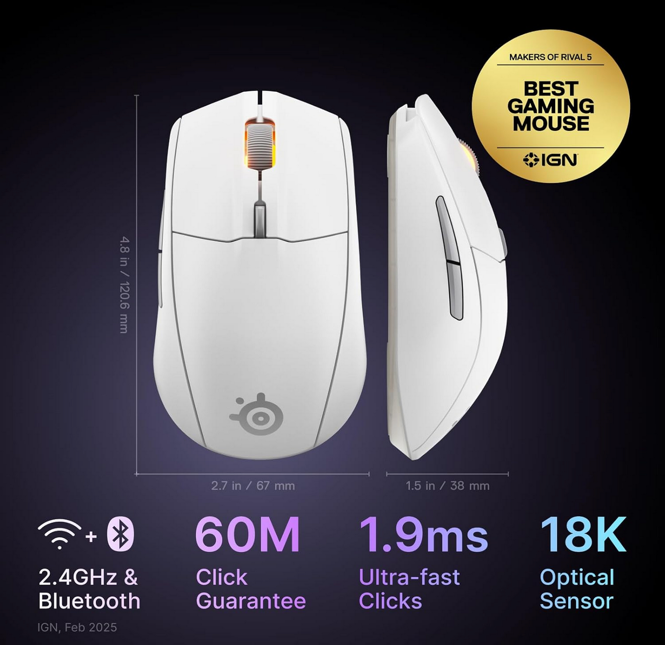 SteelSeries Rival 3 Wireless Gen 2 White gaming mouse angled view with RGB scroll wheel and USB receiver