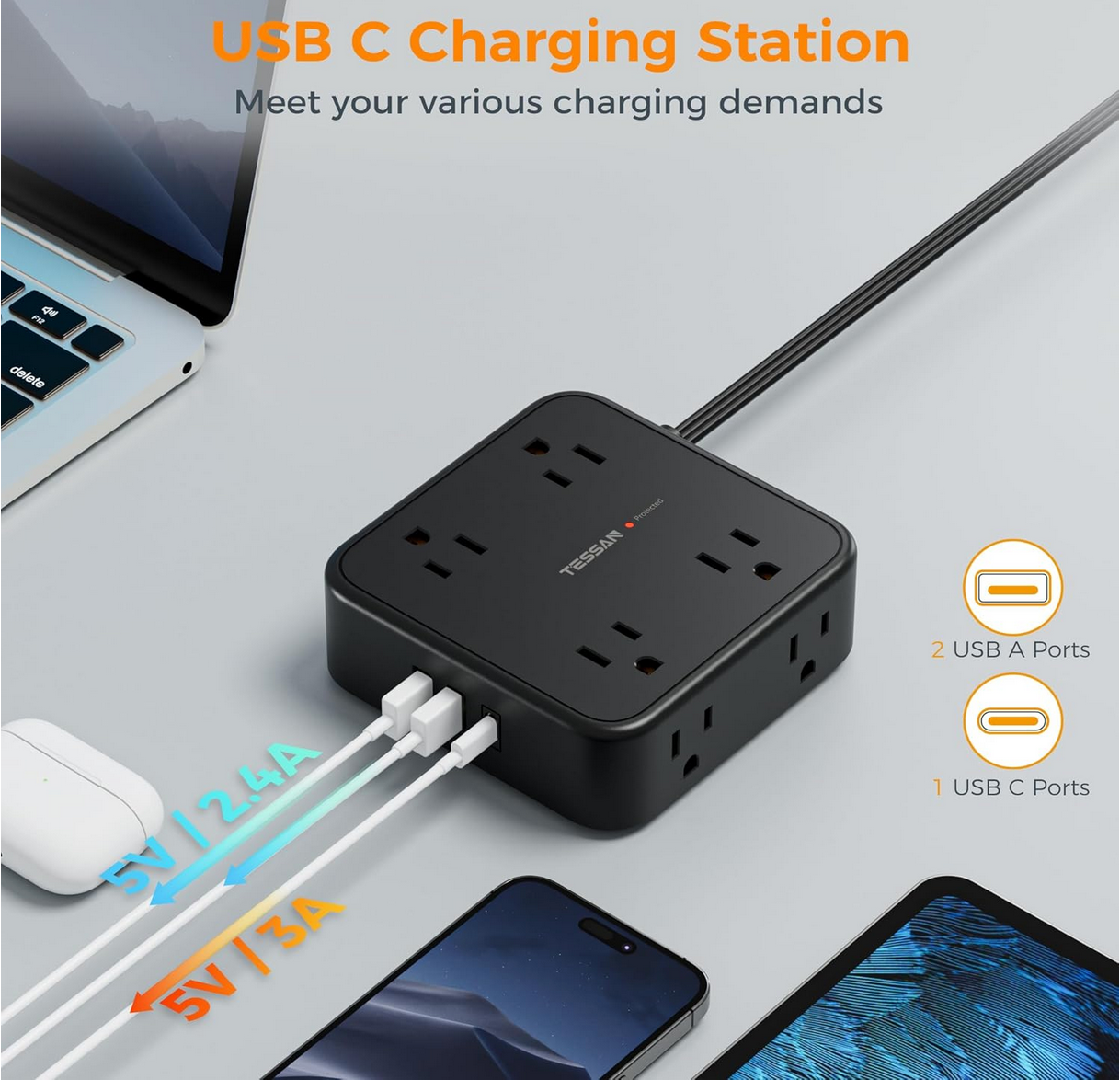 USB and USB-C charging ports on TESSAN extension board