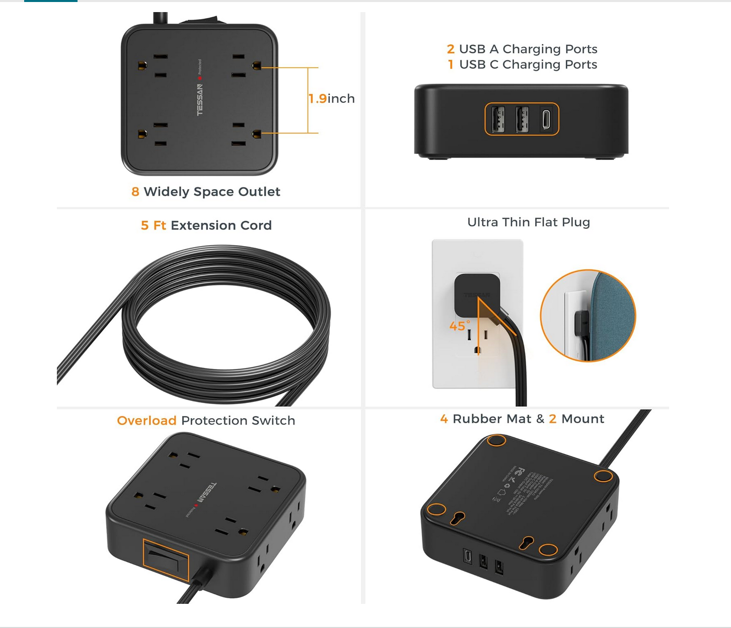 Close-up of 8 AC outlets on TESSAN power strip
USB and USB-C charging ports on TESSAN extension board