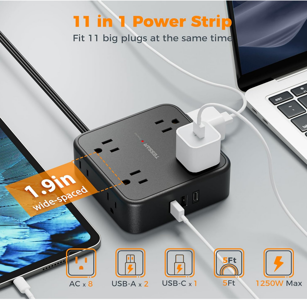 TESSAN Surge Protector Power Strip with flat plug and 5ft cord