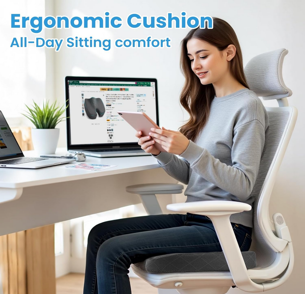 a person using TushGuard Memory Foam Seat Cushion with ergonomic U-shaped design