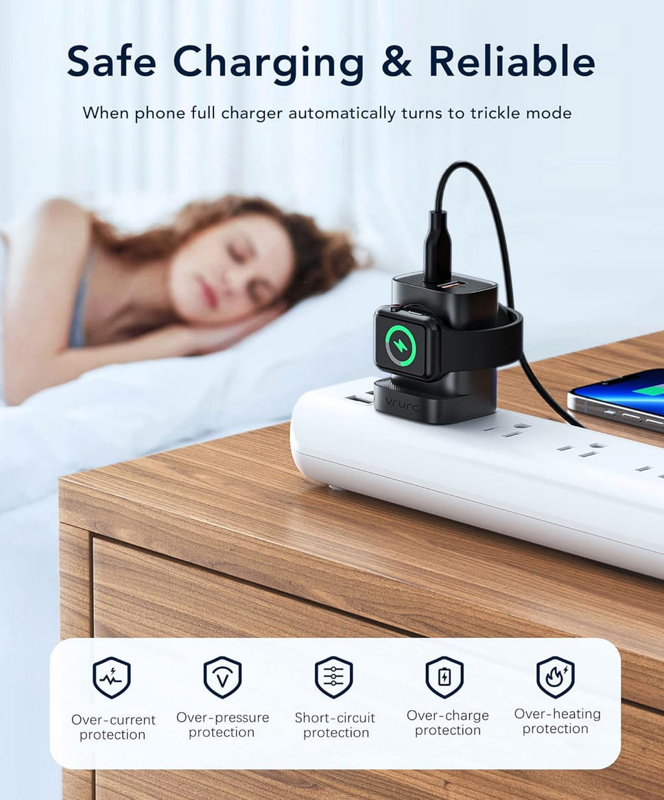 VRURC 3-in-1 Magnetic Apple Watch Charger sage charging and reliable