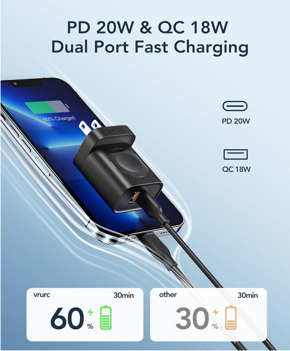 Portable VRURC Apple Watch charger with fast PD 20W charging