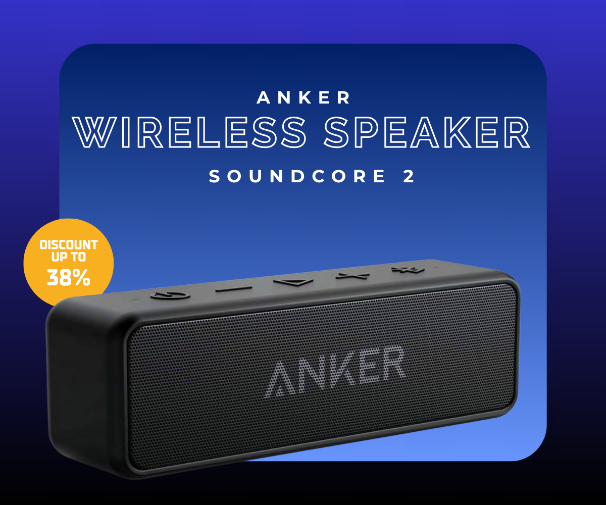 Anker Soundcore 2 portable Bluetooth speaker in black showing its compact design.