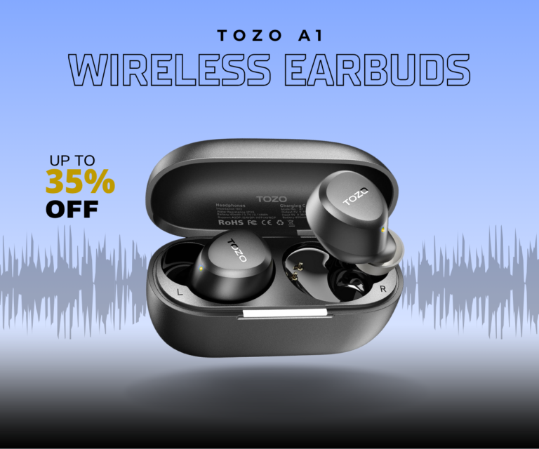 TOZO A1 black wireless earbuds and charging case shown in open position.