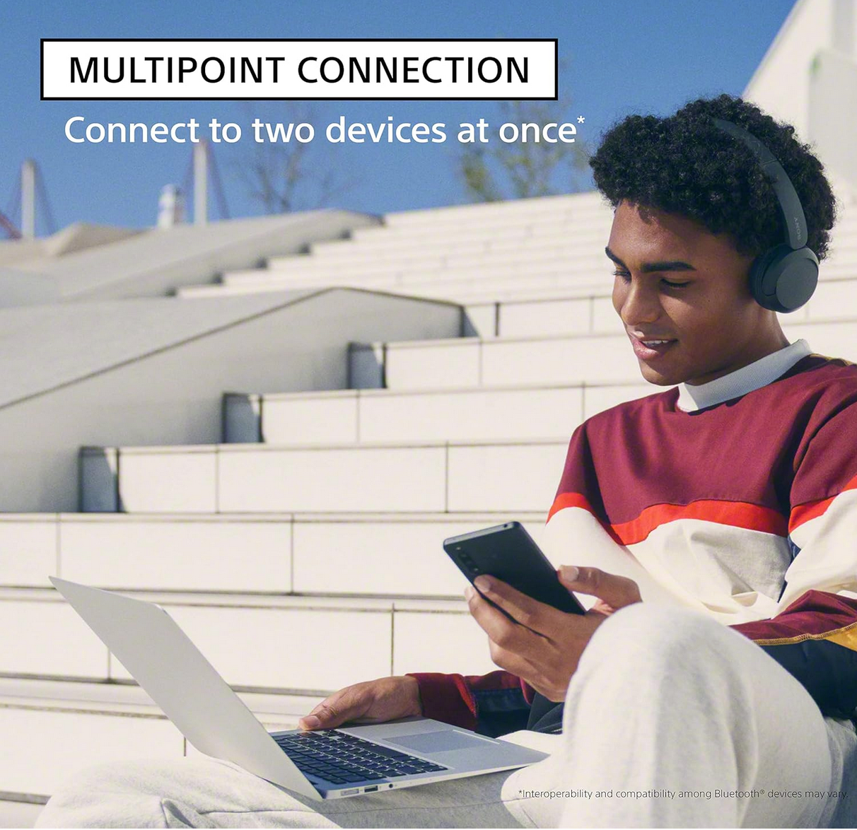 sony WH-CH520 Bluetooth Headphones  image with user listening to music.

