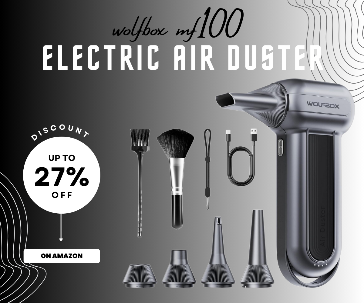 WOLFBOX MF100 Electric Air Duster 150000RPM Cordless Blower with Brush and Nozzle Attachments
