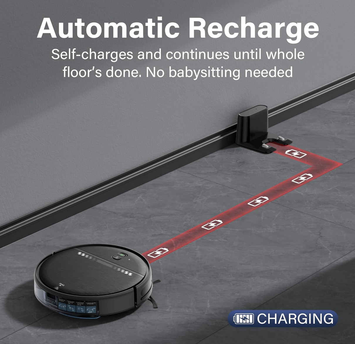 2-in-1 ZC WAS Robot Vacuum and Mop Combo: A Massive 77% OFF Deal You Can't Ignore! 4 automatic recharging feature of ZC WAS gray robot vacuum and mop combo on a hardwood floor.