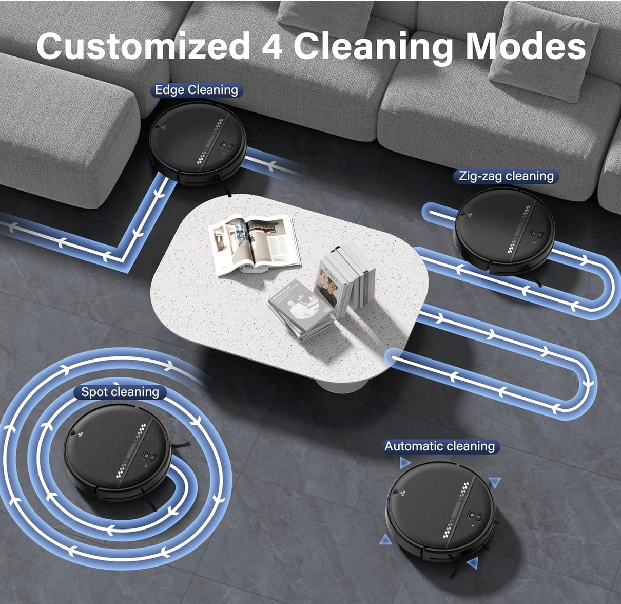 2-in-1 ZC WAS Robot Vacuum and Mop Combo: A Massive 77% OFF Deal You Can't Ignore! 3 4 cleaning modes of ZC WAS gray robot vacuum and mop combo on a hardwood floor.