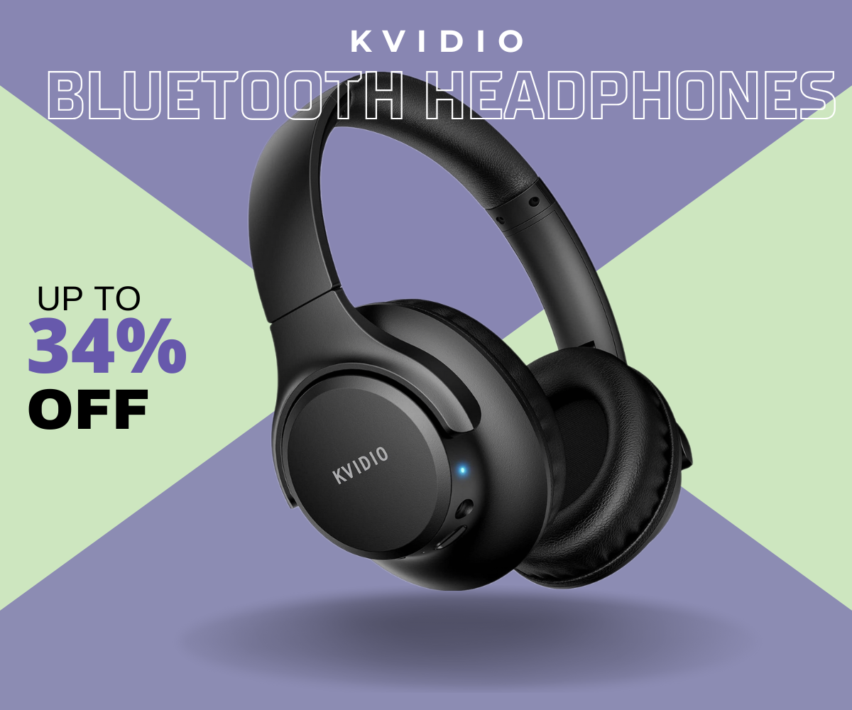 KVIDIO black foldable over-ear Bluetooth headphones showing lightweight design